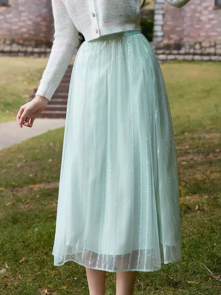 New flowing mint green mesh A-line skirt