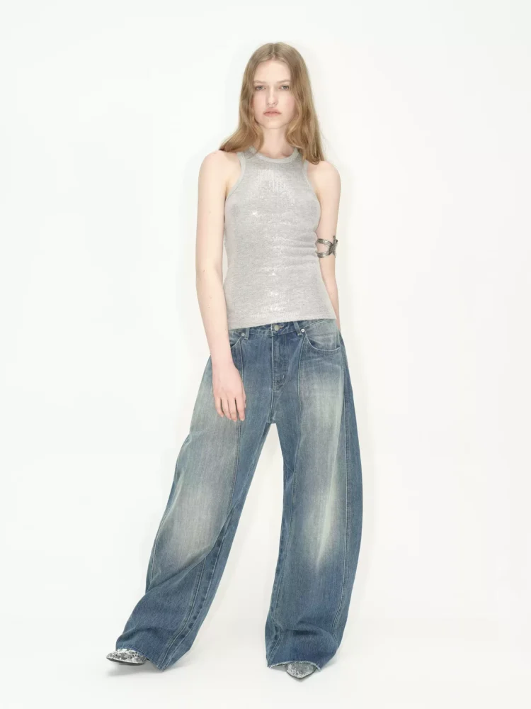 Retro washed lightning-patterned curved jeans for women