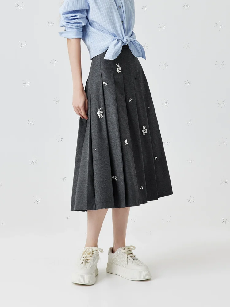 College-style wool pleated A-line skirt