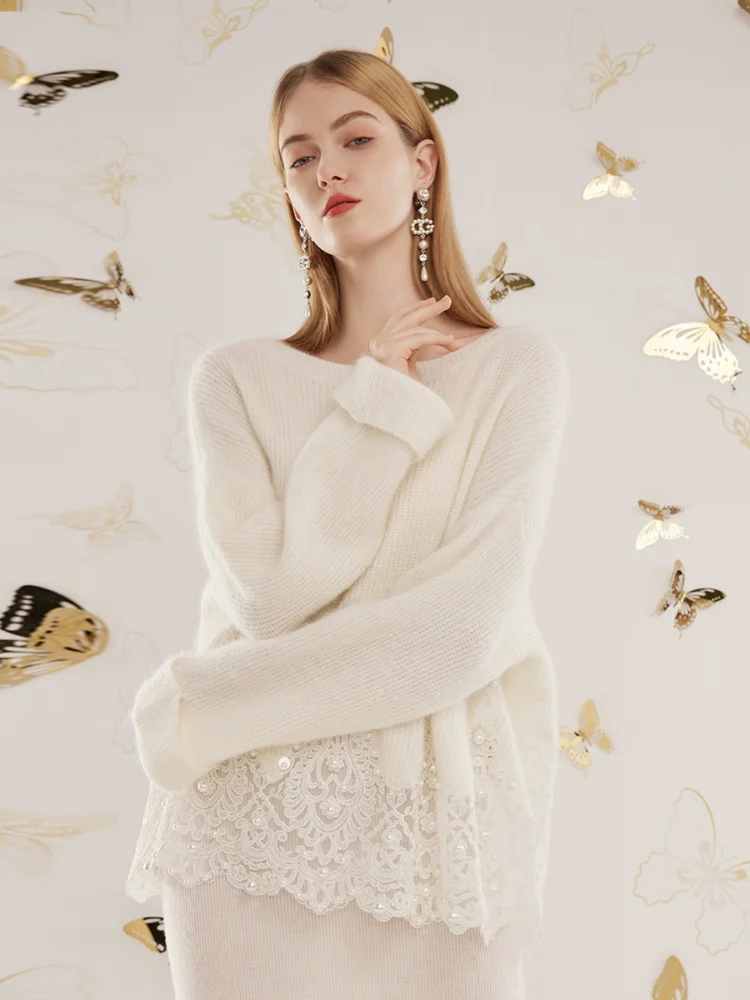 Women's wool-blended cashmere lace knitted sweater