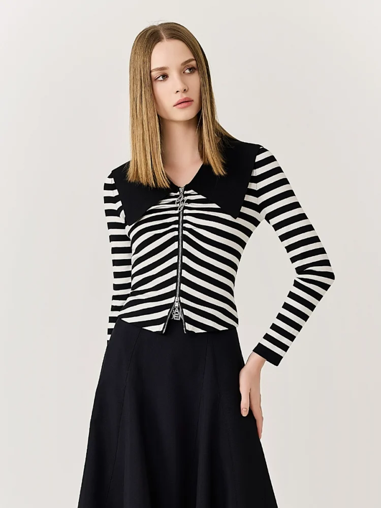 Elastic four-season striped knitted sweater for women