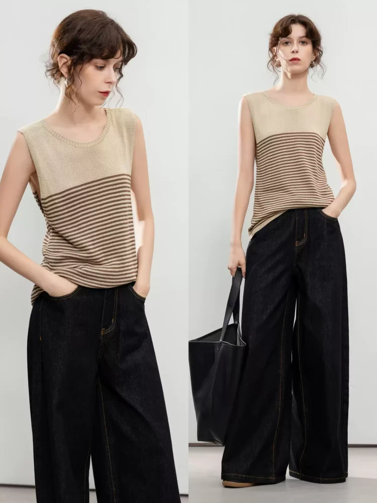 Retro-style sleeveless contrasting color striped sweater