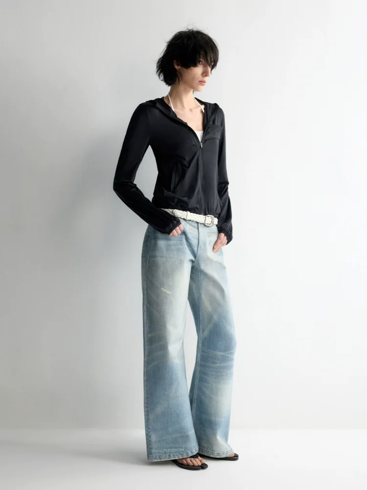 Breathable hooded drawstring high-elastic short casual jacket