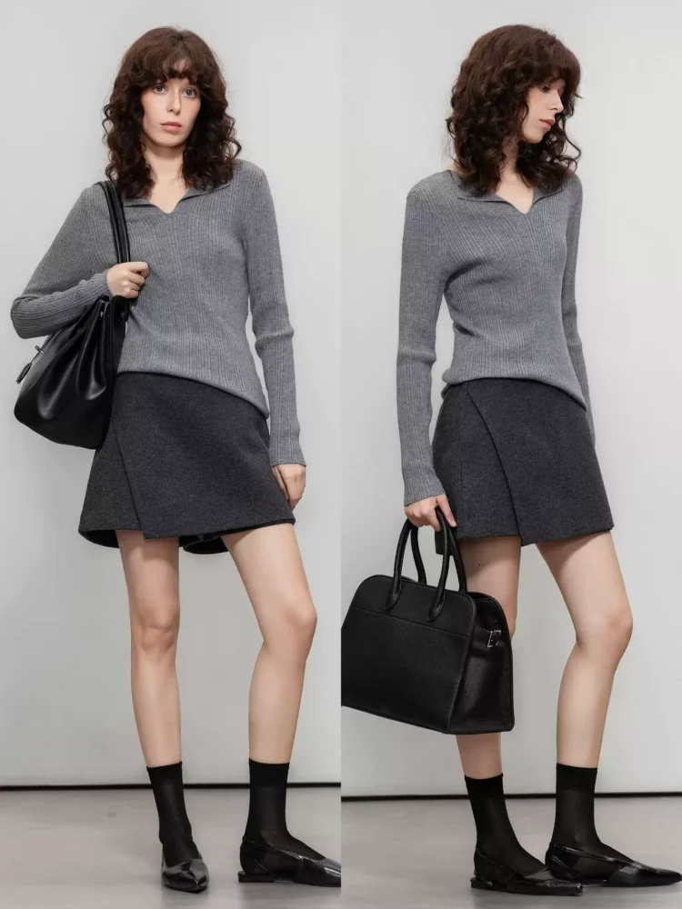 A woman in a light and mature lapel sweater