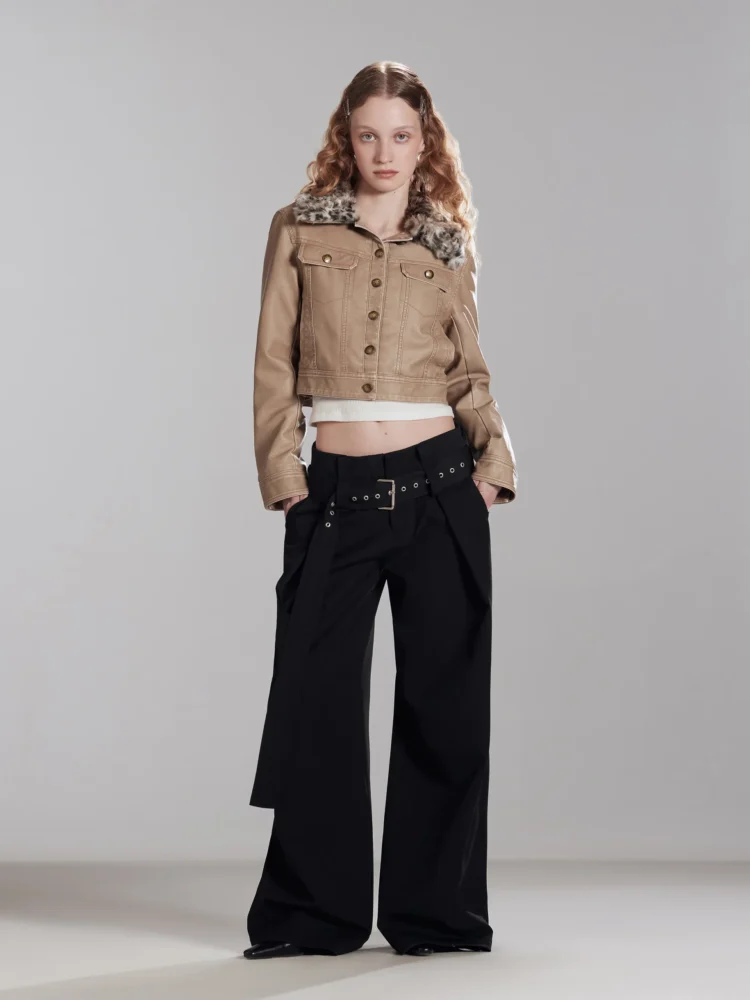 Detachable leopard print fur lapel cotton short coat