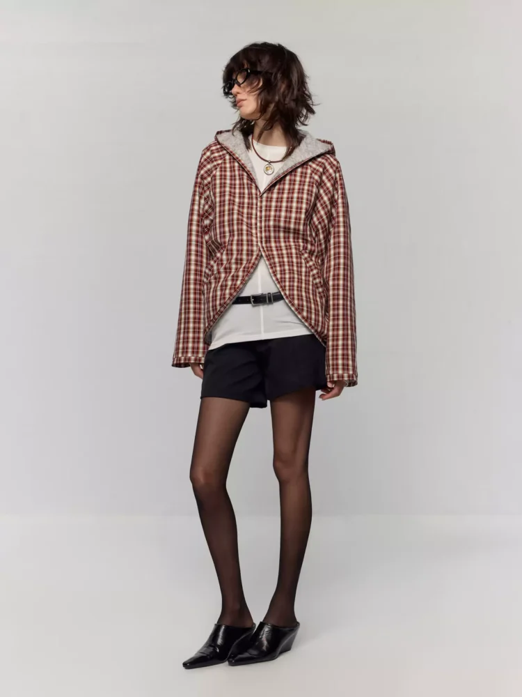 Checked wool turtle-back short coat without collar buttons