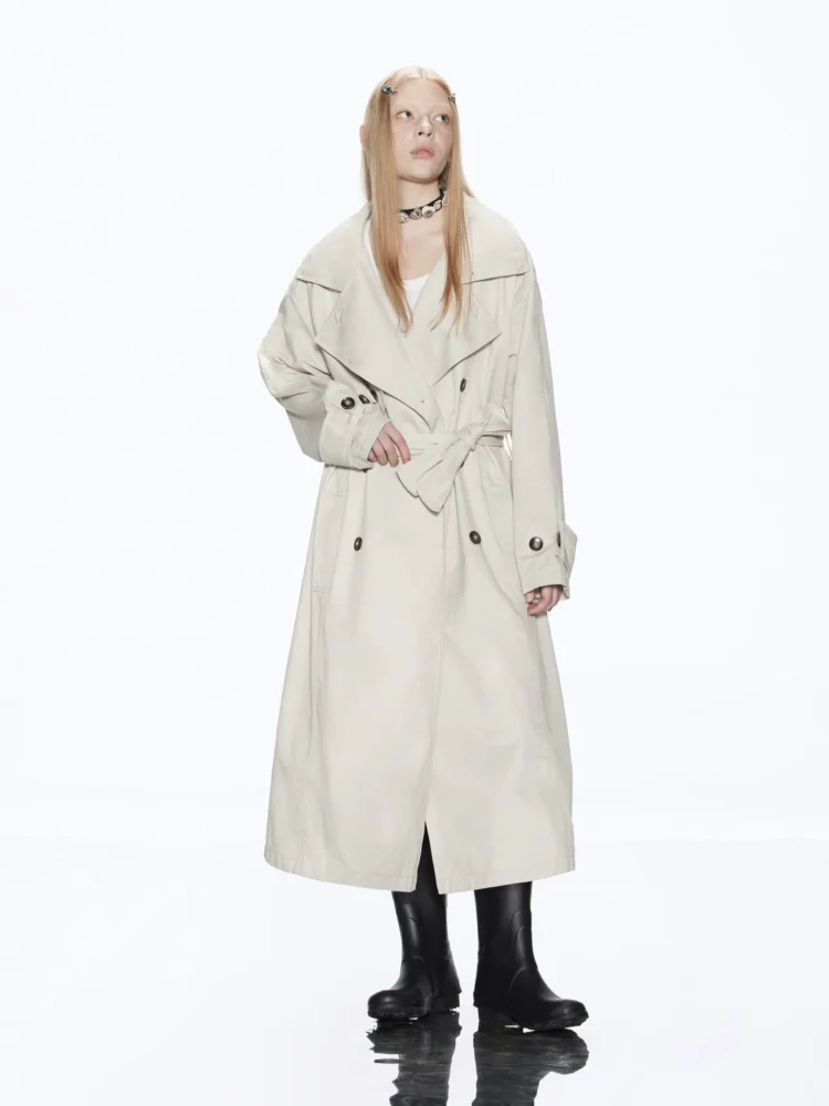 A retro khaki trench coat with a large lapel