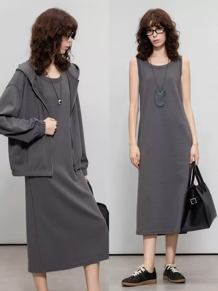 Two-piece set of knitted hooded coat vest and dress