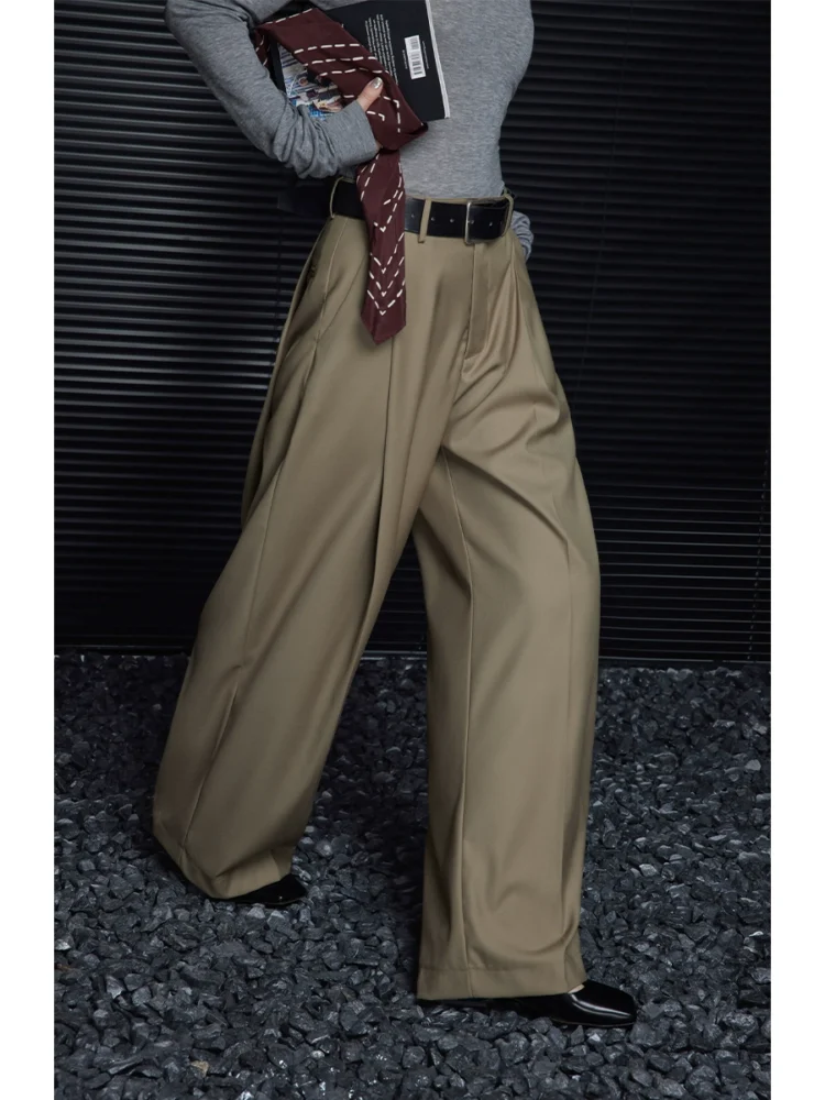 Khaki high-waisted loose straight-leg dress pants for women