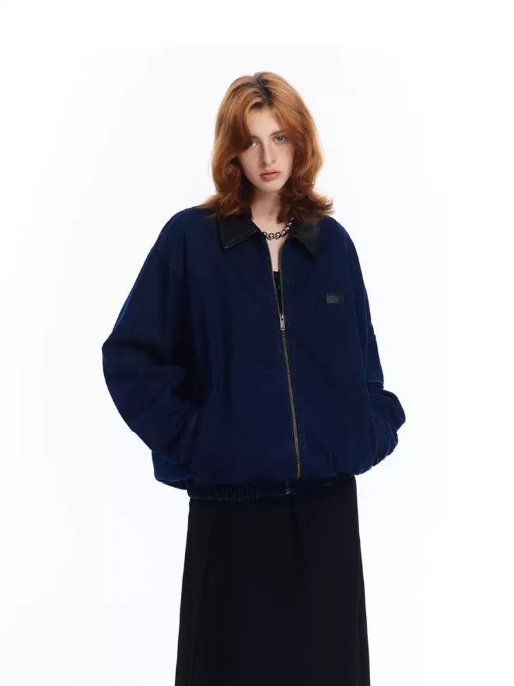 PU leather lapel washed coat for women