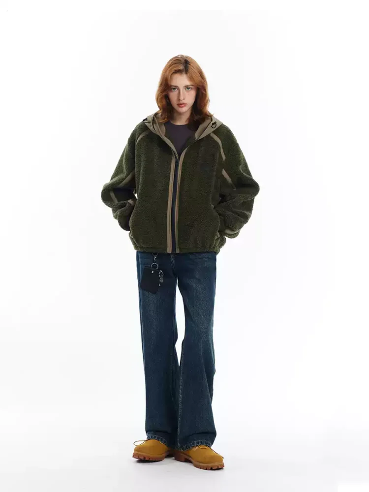 A loose plush hooded jacket for women