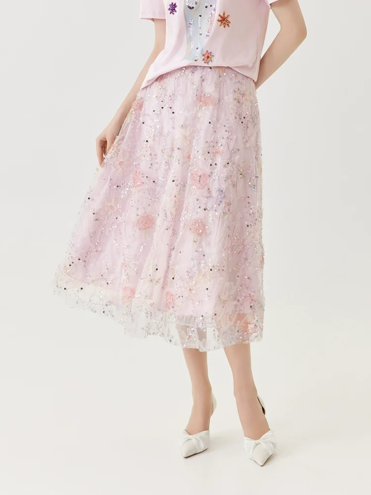 Colorful sequined embroidered A-line skirt