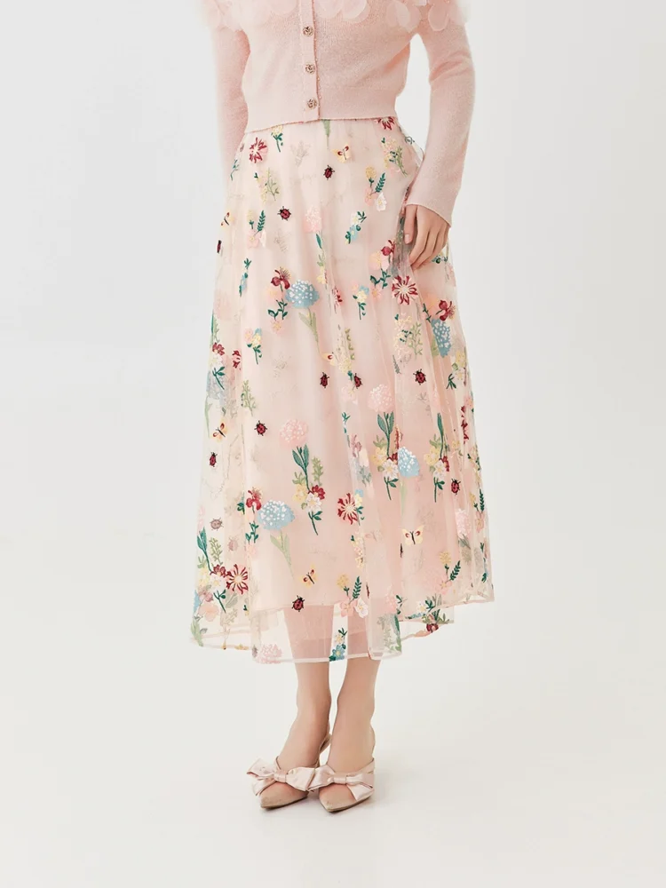 Embroidered floral tulle skirt