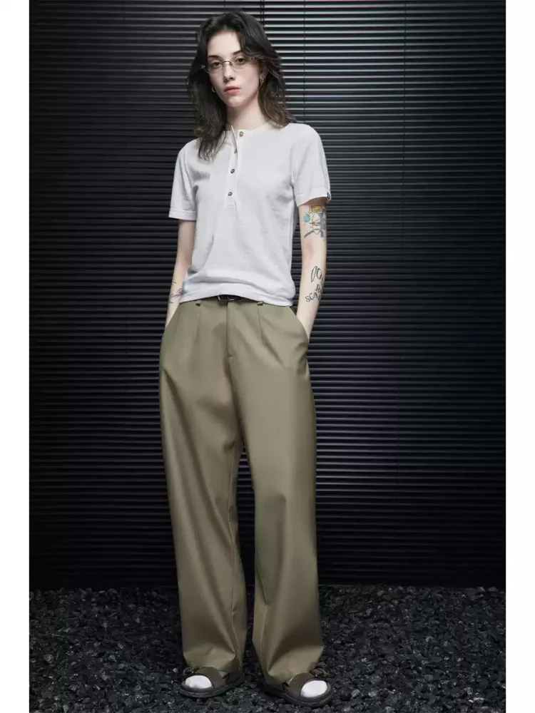 Khaki loose wide-leg dress pants for women
