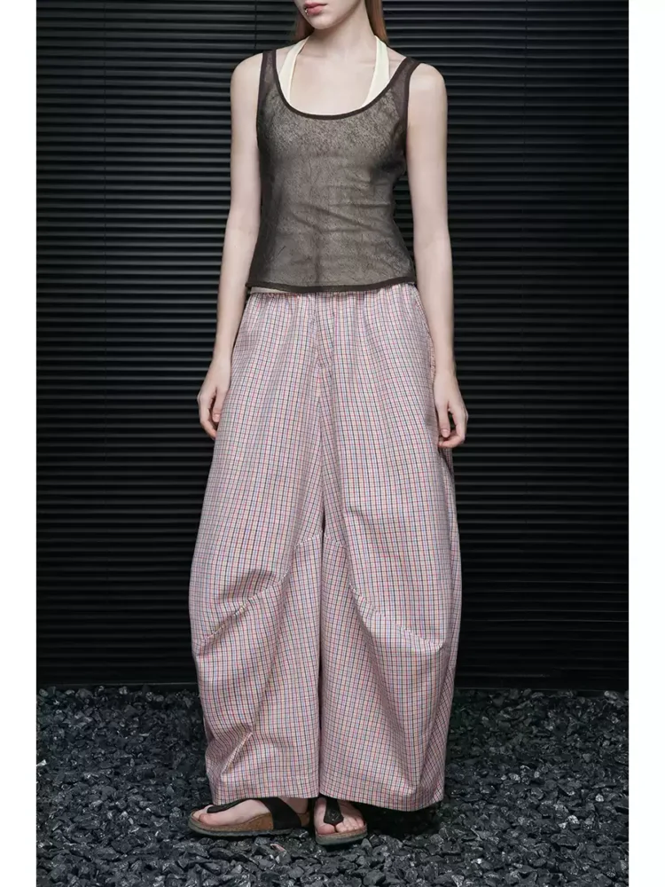 Pink checkered pure cotton loose wide-leg pants for women