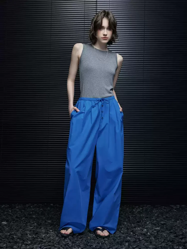Blue pure cotton casual wide-leg pants for women