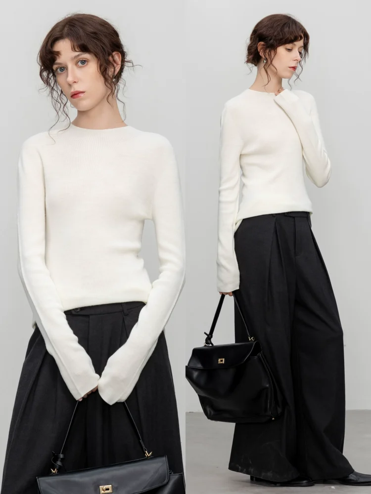 A semi-high-necked wool base layer shirt for women