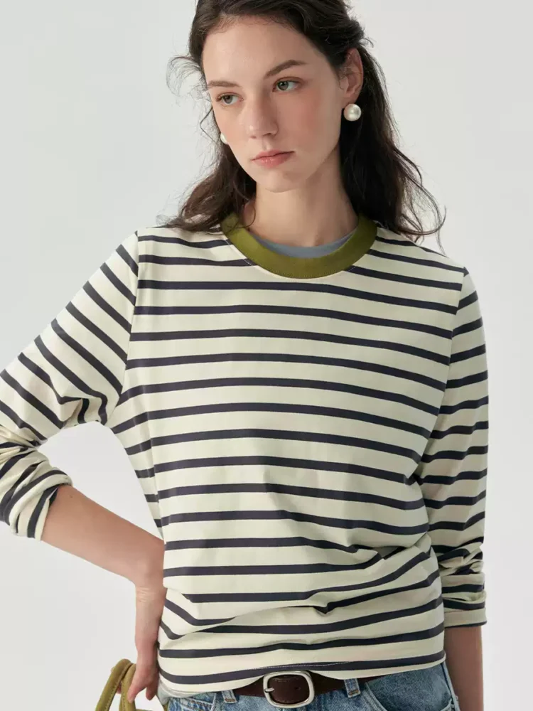 Ladies' all-cotton striped long-sleeved T-shirt