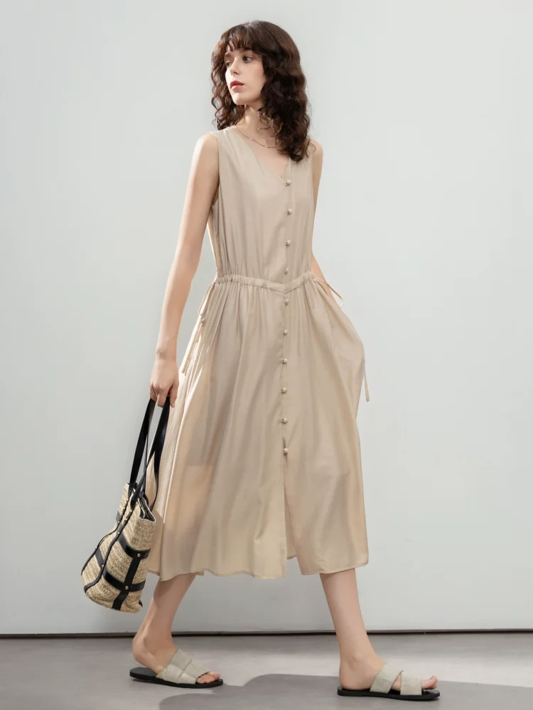 Side-drawstring sleeveless mid-length A-line skirt