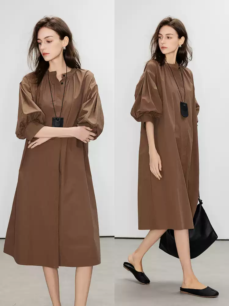 Puffed sleeve hidden front opening and button-down dress