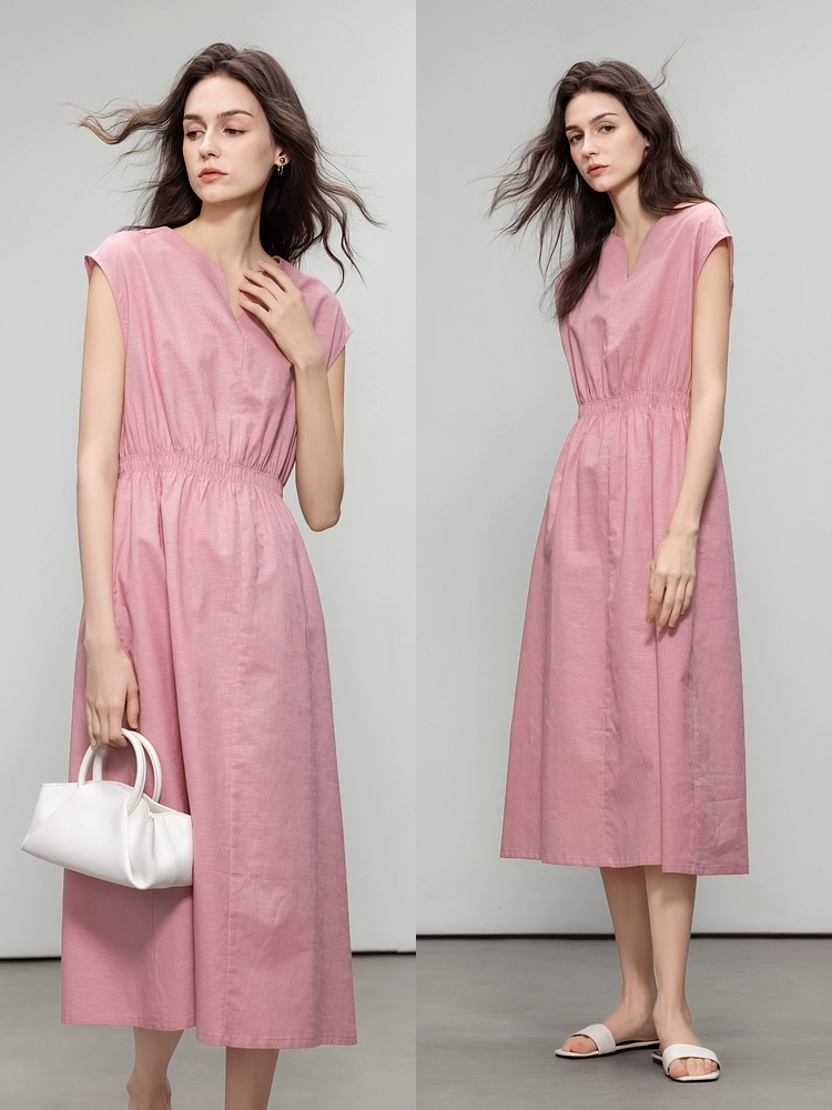 Linen artistic and retro round-neck dress