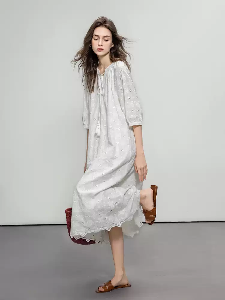 Lace embroidered drawstring ruffled long dress