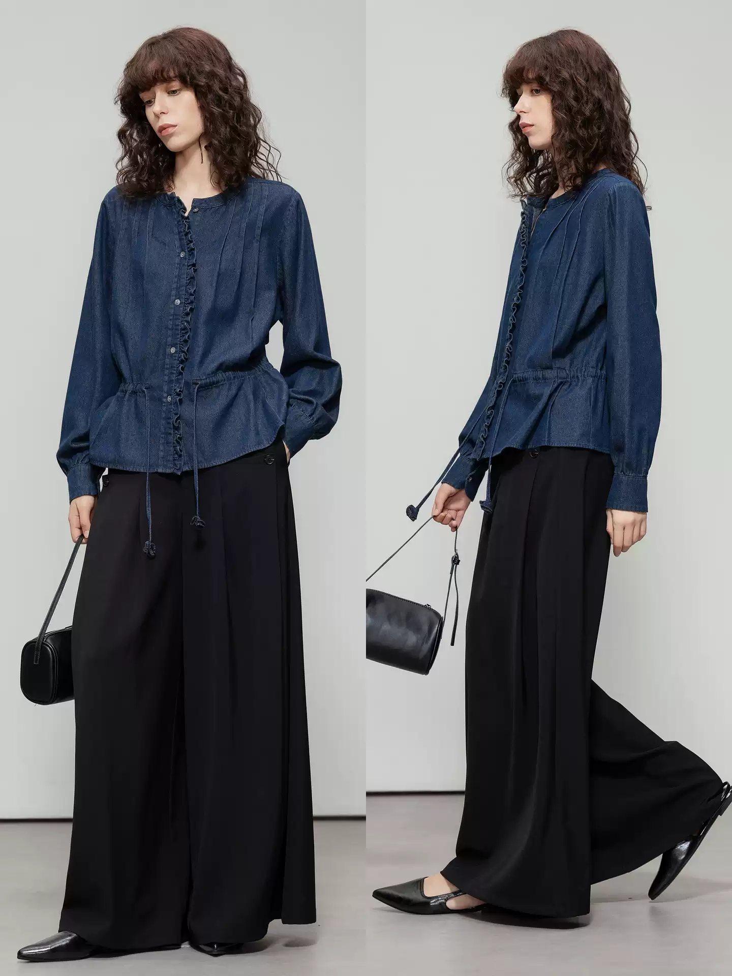 Round-neck black ear trim and drawstring denim shirt