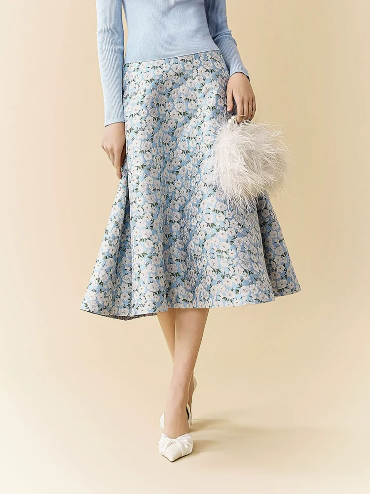 White peony jacquard A-line skirt