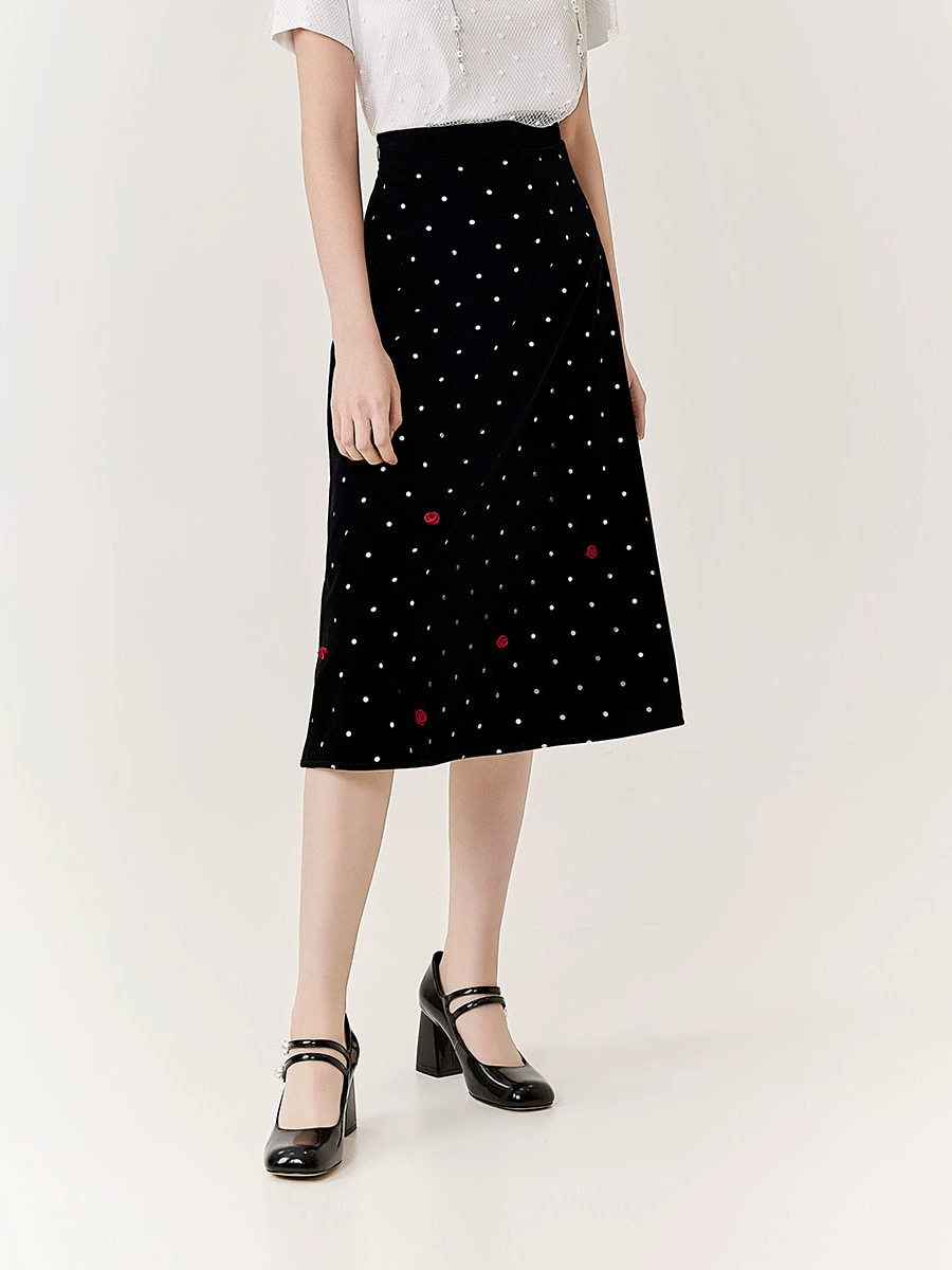 Black velvet polka dot skirt