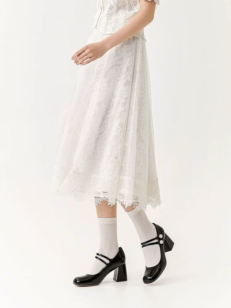 Polka dot embroidered lace mesh skirt long skirt