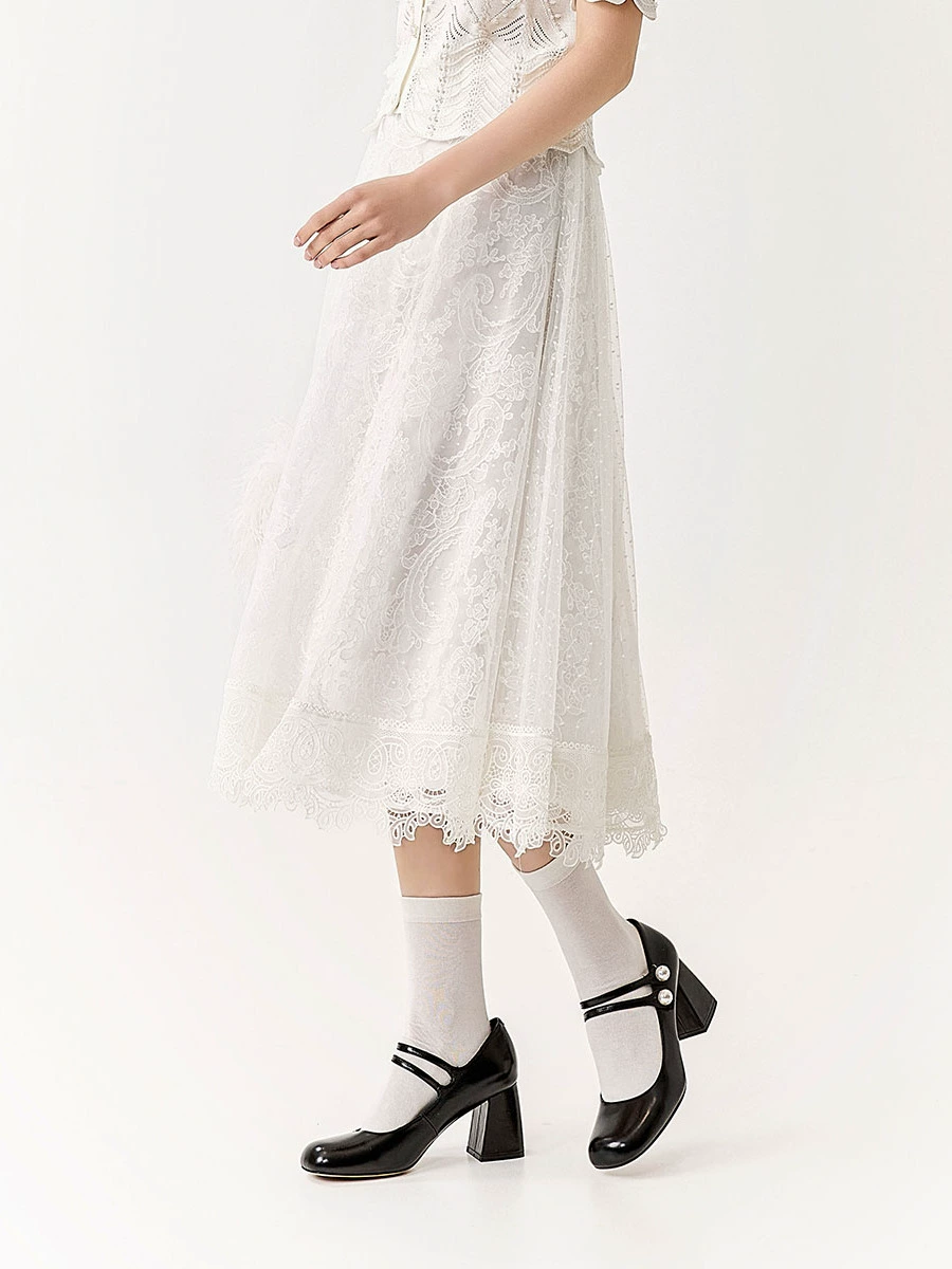 Polka dot embroidered lace mesh skirt long skirt